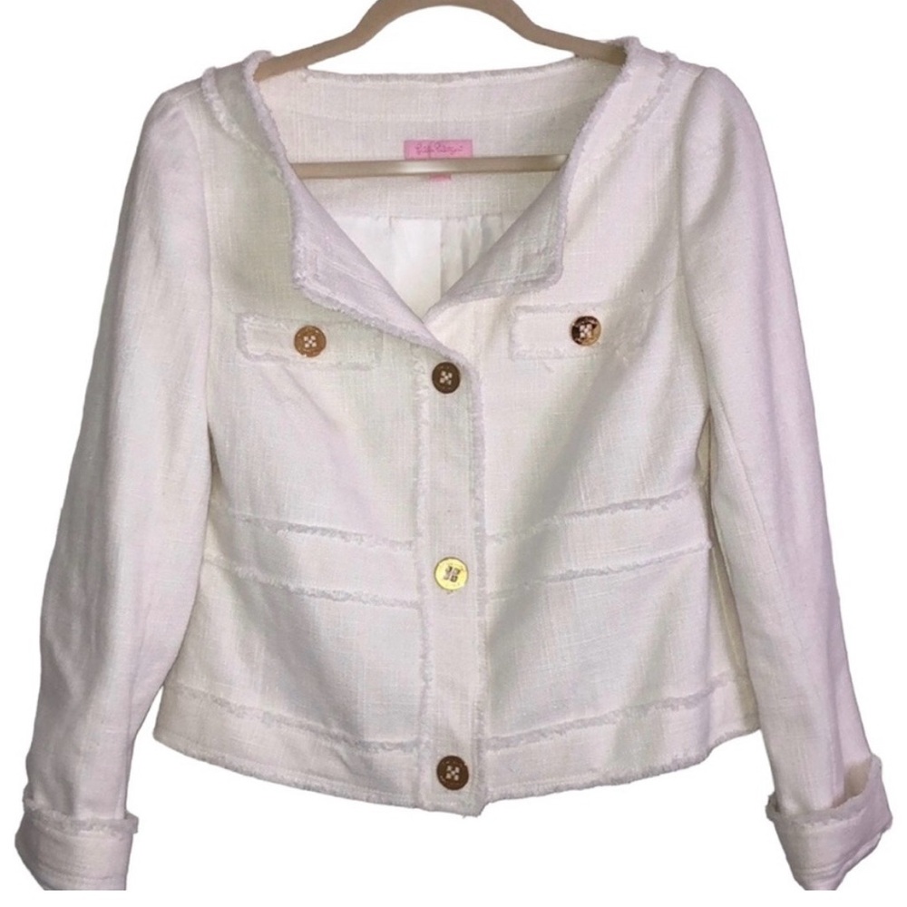 Lilly Pulitzer Cream Millie Linen Blend Jacket with Gold Buttons, Size Large